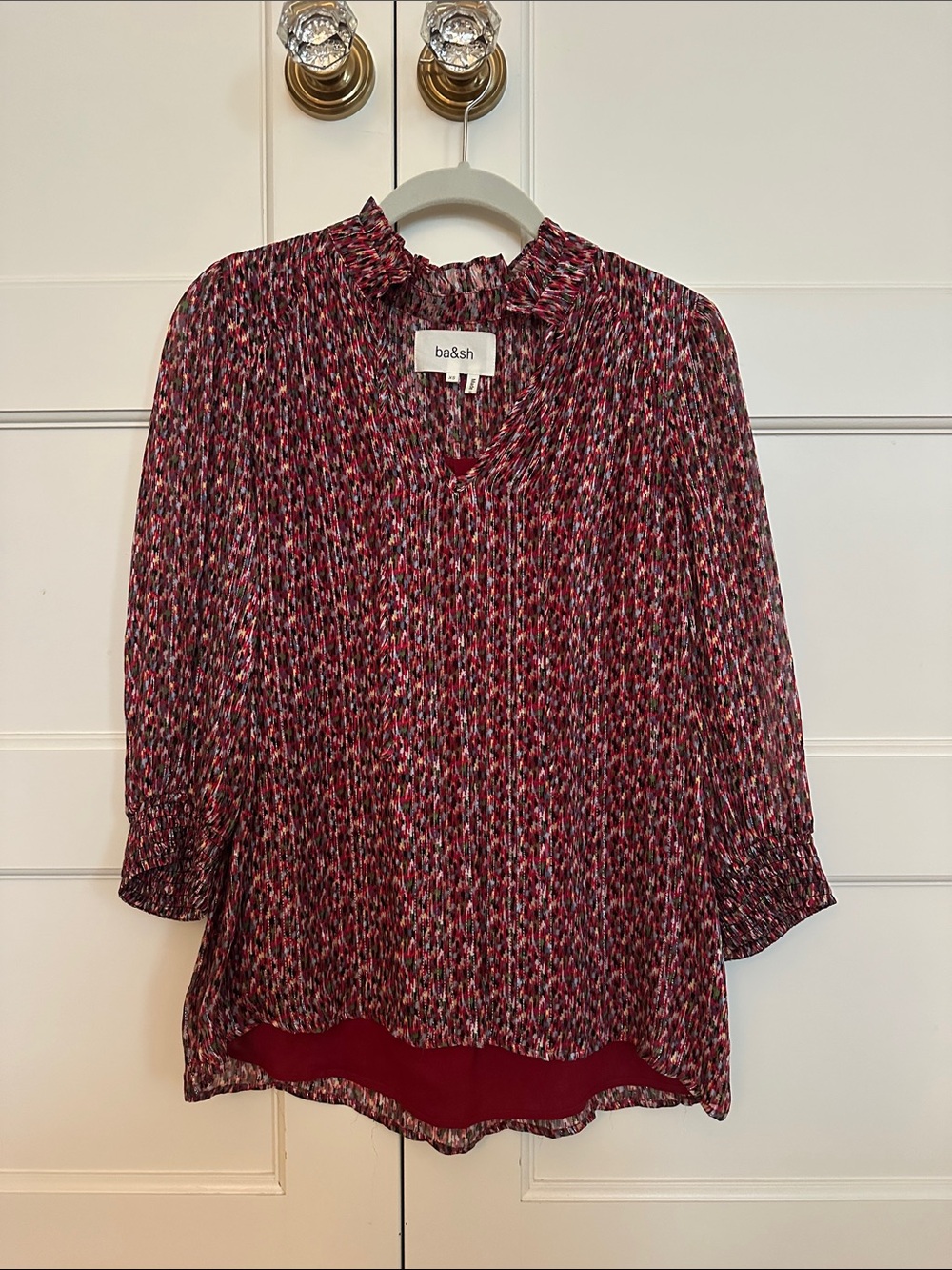 ba&sh Multicolor Red Print Ruffle-Neck Blouse